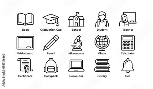 Educational icons set: book, graduation cap, school, student, teacher, learning tools
