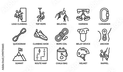 Rock climbing equipment icons: harness, carabiner, helmet, rope, anchor, map