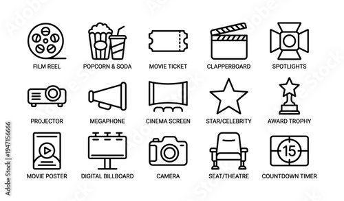 Cinema icons set featuring movie reel popcorn ticket clapperboard spotlights