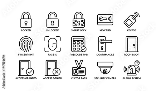 Security icons: lock, keycard, fingerprint, face id, alarm, smart lock, access control