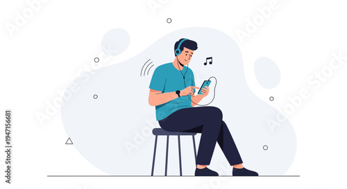 Man listening to music on headphones with smartphone, seated on stool, modern illustration