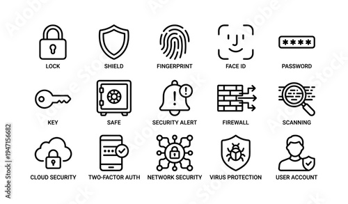 Security icons set featuring lock, shield, fingerprint, and password elements