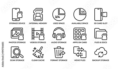 Storage device icons collection: memory, space, apps, and files