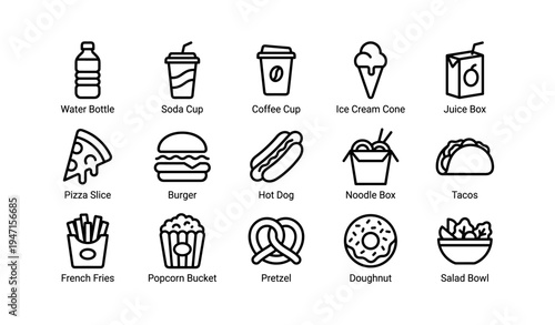 Set of iconic fast food and beverage items including pizza, burger, and coffee cup