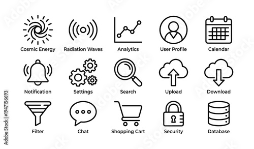 Minimalist line icons for technology and digital interfaces