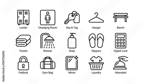 Gym facility icons: locker, shower, laundry, and more