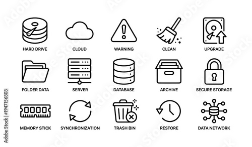 Data storage and management icons: cloud, hard drive, security, upgrade, database