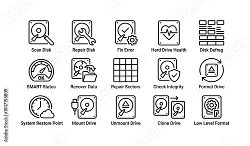 Computer disk maintenance icons for drive health and data management