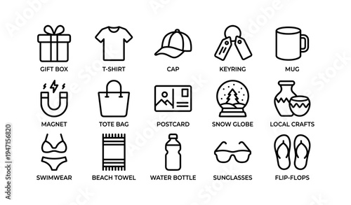 Icons of gift box, clothing, accessories, and souvenirs