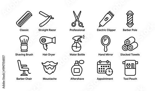 Barber shop essentials icons: combs, scissors, clippers, razor, mirror, chair
