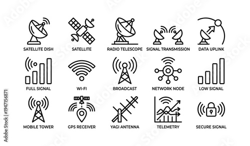 Satellite and communication technology icons including gps, wi-fi, antennas, and signal strength