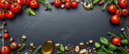 Rustic black slate background with colorful border of olive oil, tomatoes, herbs & spices Top view,  food,  overhead shot