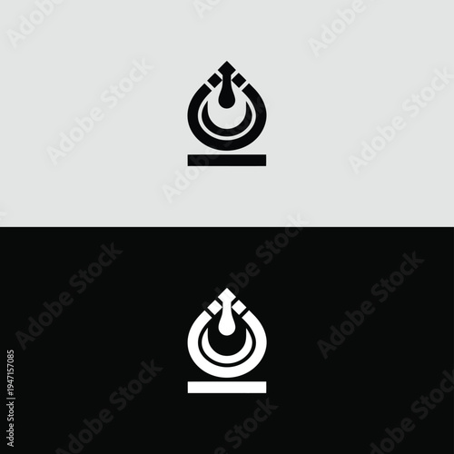 A minimalist monochromatic logo featuring an abstract teardrop or flame-like shape with dynamic circular elements at its core.