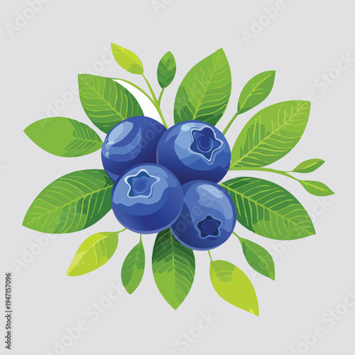 Vibrant blueberries with green leaves isolated on a neutral background