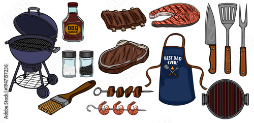 Barbecue vector illustration set with grilled food, apron, and grilling tools