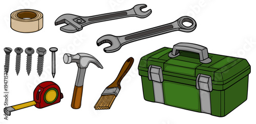 Set of isolated vector tools including toolbox, wrenches, hammer, tape measure, screws, nail, tape and paintbrush