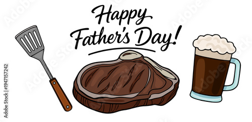 Happy Father's Day vector banner with grilled steak and beer