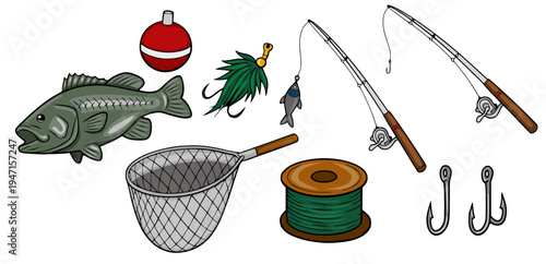 Set of colorful vector fishing equipment illustrations, including a bass fish, rods, net, lures, bobber, hooks, and line spool.