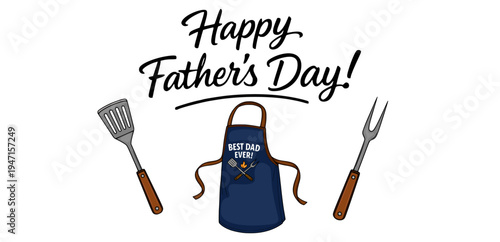 Happy Father's Day vector banner with apron and grilling tools