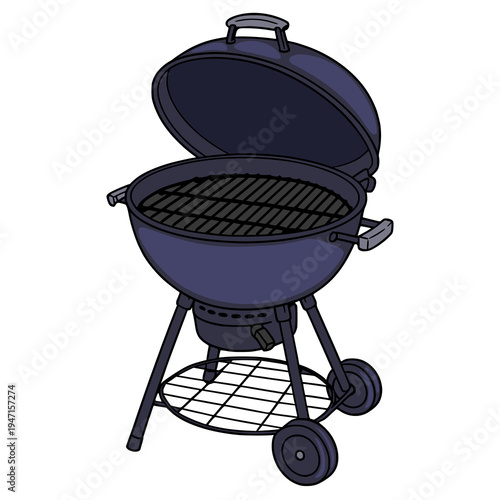 Charcoal grill vector illustration, open lid, dark purple color, isolated on white