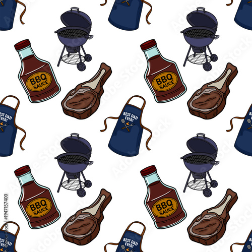 Seamless vector pattern of BBQ elements including grill, steak, sauce, and apron for Father's Day.