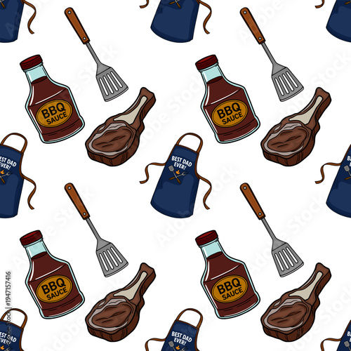 Seamless vector pattern of barbecue elements with steak, BBQ sauce, apron, and spatula, ideal for Father's Day