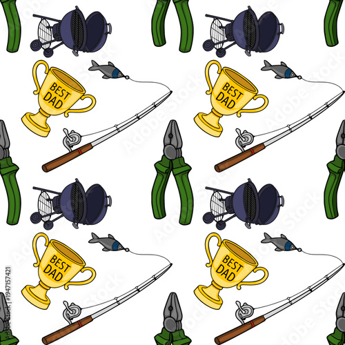 Father's Day Fishing and Grilling Vector Pattern - Best Dad Trophy, BBQ Grill, Fishing Rod, Pliers