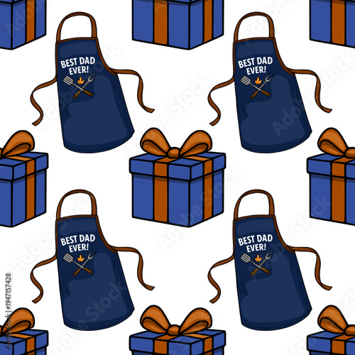 Seamless vector pattern of blue aprons with "Best Dad Ever!" text and grilling tools, interspersed with blue gift boxes with orange ribbons, on a white background.