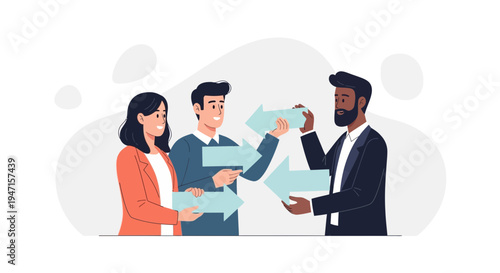 Diverse business team exchanging ideas with arrows, teamwork and communication concept