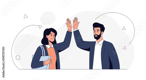 Business partners high five, celebrating success, teamwork, collaboration, modern flat illustration