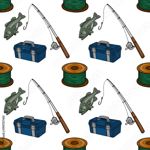 Seamless vector pattern of fishing gear with bass fish, tackle box, and fishing line spools
