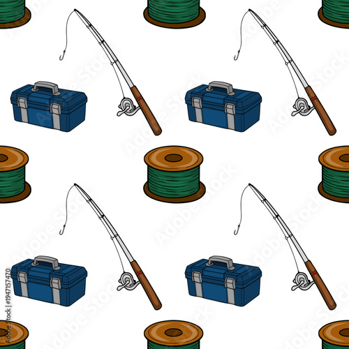Seamless vector pattern of fishing gear, including a fishing rod, tackle box, and spool of green fishing line, on a white background.