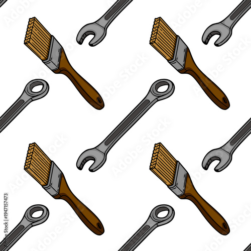 Photos Seamless vector pattern of paint brushes and wrenches, perfect for DIY and renov