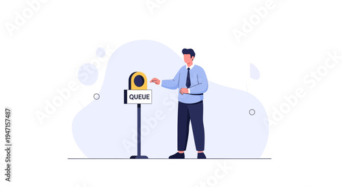 Man pressing button on queue stand, concept of service and waiting