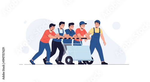 Teamwork: Five men pushing a cart together, illustrating collaboration and effort
