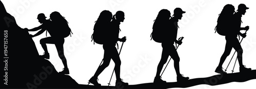 Black vector silhouettes of a diverse group of hikers climbing a mountain with backpacks and trekking poles, representing outdoor adventure and travel.