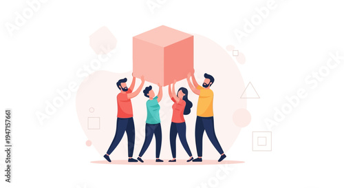 Teamwork concept: Diverse people lifting a large cube together, unity and collaboration