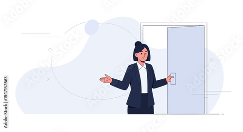 Businesswoman welcoming guests at the door, modern office interior, minimalist design