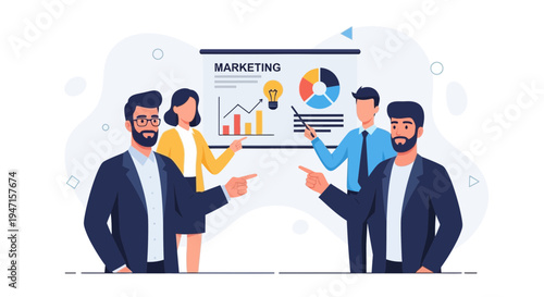 Business team presenting marketing strategy with charts and graphs on a whiteboard