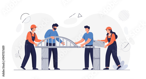 Teamwork building bridge construction, engineering collaboration, teamwork concept illustration
