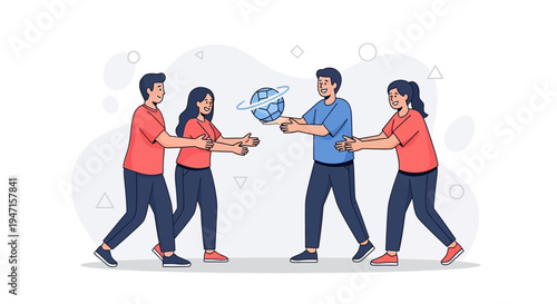 Teamwork: People passing a globe, symbolizing global connection and collaboration