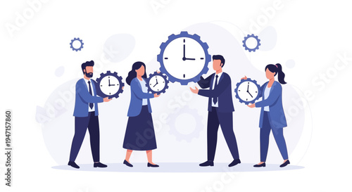 Teamwork and Time Management: Business People Holding Gears and Clocks