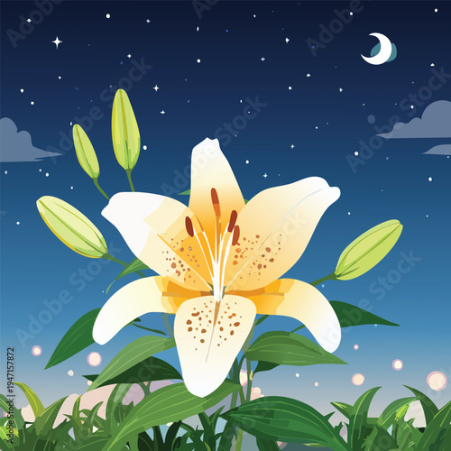Elegant vector illustration of a lily flower in a night landscape