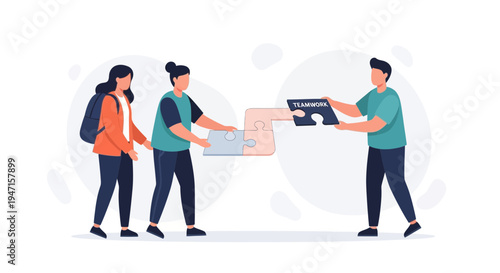 Teamwork concept: diverse people assembling puzzle pieces, one piece says TEAMWORK