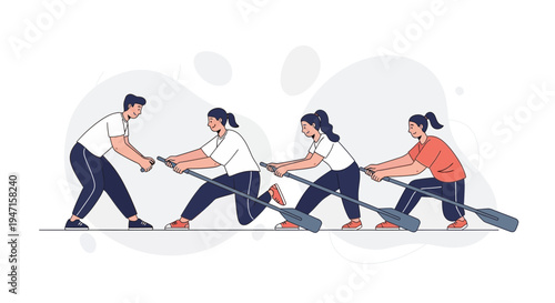 Team Rowing Together in Sync, Unity and Collaboration Concept