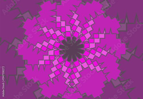 Vibrant abstract geometric starburst featuring spiked shapes and purple zigzag petals radiating from a dark bluecenter.