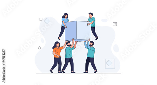 Teamwork carrying a large cube, collaboration, business strategy, project management