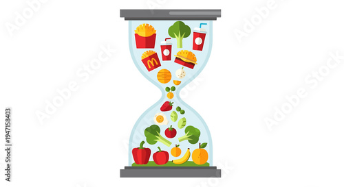 Food Choice Time: A striking visual of an hourglass, with the top filled with unhealthy food and the bottom with fresh produce, symbolizing the crucial choice between health and instant gratification.