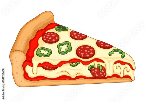 Delicious cartoon illustration of a single slice of classic pepperoni pizza with vibrant green bell peppers and generously melted cheese, perfect for a tasty meal or snack concept