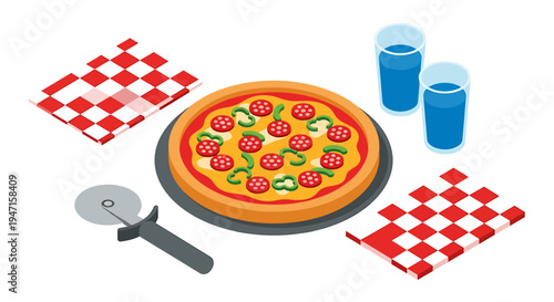 Pizza Feast: An inviting pizza topped with pepperoni and peppers sits ready to be enjoyed, accompanied by refreshing glasses of water and checkered napkins